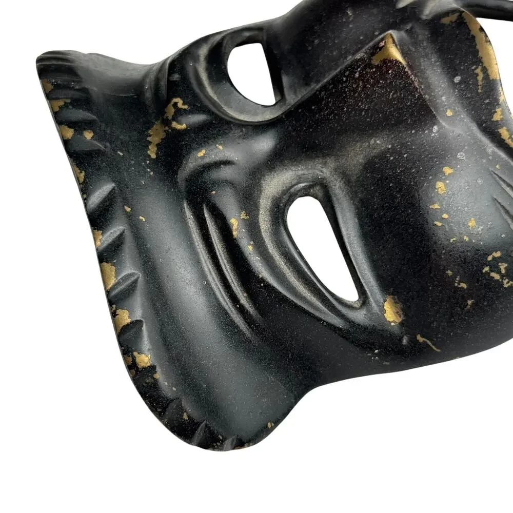 Vintage Brass Wall Mask Black Gold Tribal Face Art Decor Metal Sculpture Painted